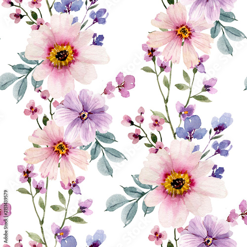 A seamless watercolor pattern with bouquets of pink and lilac flowers. A delicate, hand-drawn botanical illustration. A floral print for textiles or wrapping paper.