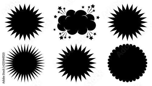 Black comic book burst shapes collection with starburst badges, explosion cloud, spiky seals and decorative graphic elements for retro designs