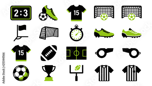 Soccer football icon collection featuring scoreboards, goal nets, cleats, jerseys, trophies, referee signals, balls and field equipment