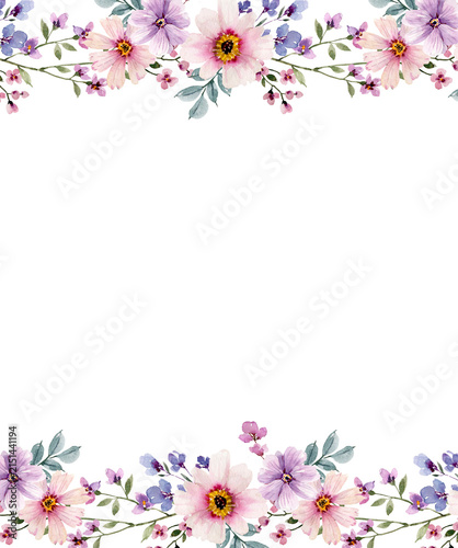 A frame with pink and lilac flowers, painted with watercolors. Hand-painted floral decor for wedding invitations and greeting cards.