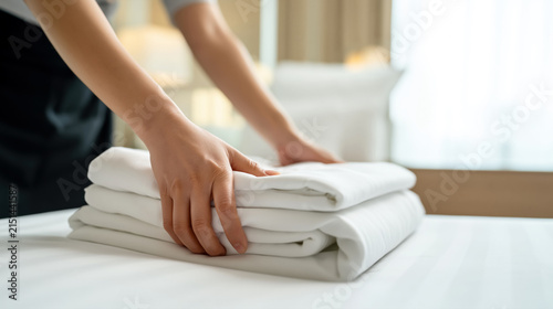 Hotel staff member placing folded white sheets on a bed, showing careful room setup and preparation for arriving guests