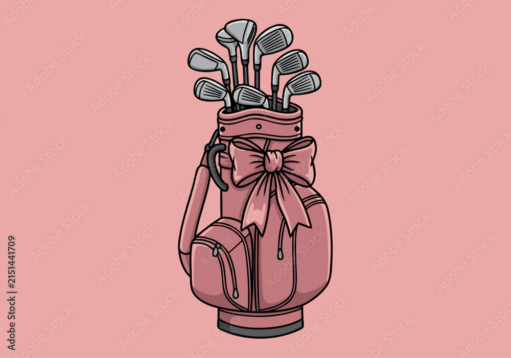 Fototapeta premium Cute pink golf bag with golf clubs and a decorative bow, hand-drawn vector illustration on a solid pink background, front view