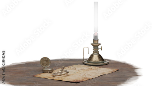 Cuadro en lienzo 3d rendering old water treasure on a wooden table with a lamp