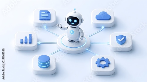 Cute 3D artificial intelligence robot assistant connecting to digital cloud data security and business analytics icons on a clean white background