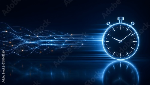 High speed glowing blue digital stopwatch leaving a trail of fiber optic circuit lines symbolizing rapid technology and fast data transfer
