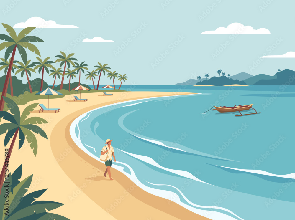 Obraz premium Tropical Beach Scene with Palm Trees and Ocean Waves.