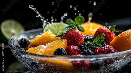 Fresh mixed berries and citrus fruits splashing in water in a clear bowl