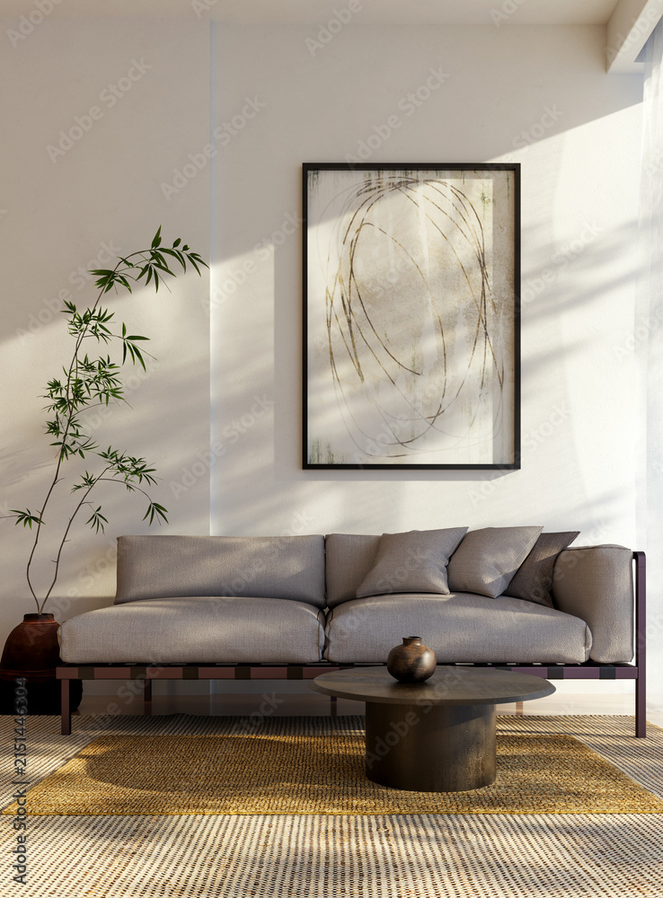 Fototapeta premium 3D render, illustration Fan Ventilation Large Luxury modern living room interior, brutalist architecture realistic lighting, Graphic Overlay wide angle, contemporary furniture, clean lines, minimal