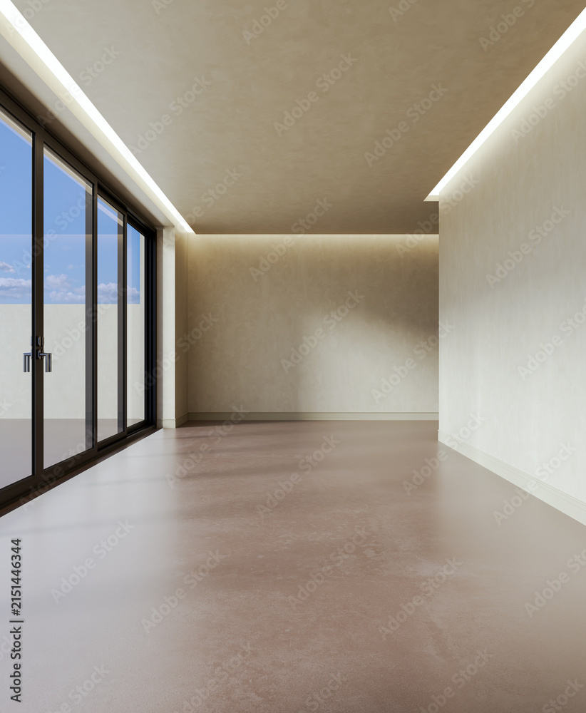 Fototapeta premium 3D render, illustration Fan Ventilation Large Luxury modern living room interior, brutalist architecture realistic lighting, Graphic Overlay wide angle, contemporary furniture, clean lines, minimal