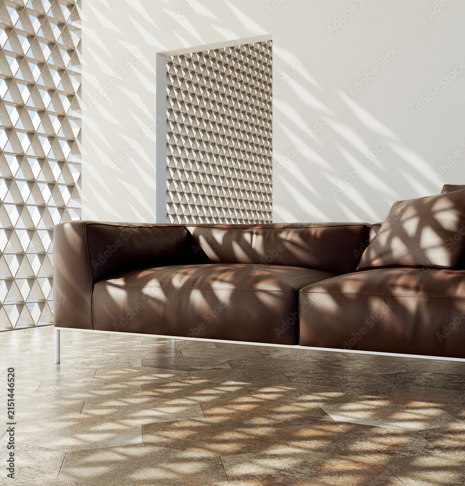 Fototapeta premium 3D render, illustration Fan Ventilation Large Luxury modern living room interior, brutalist architecture realistic lighting, Graphic Overlay wide angle, contemporary furniture, clean lines, minimal