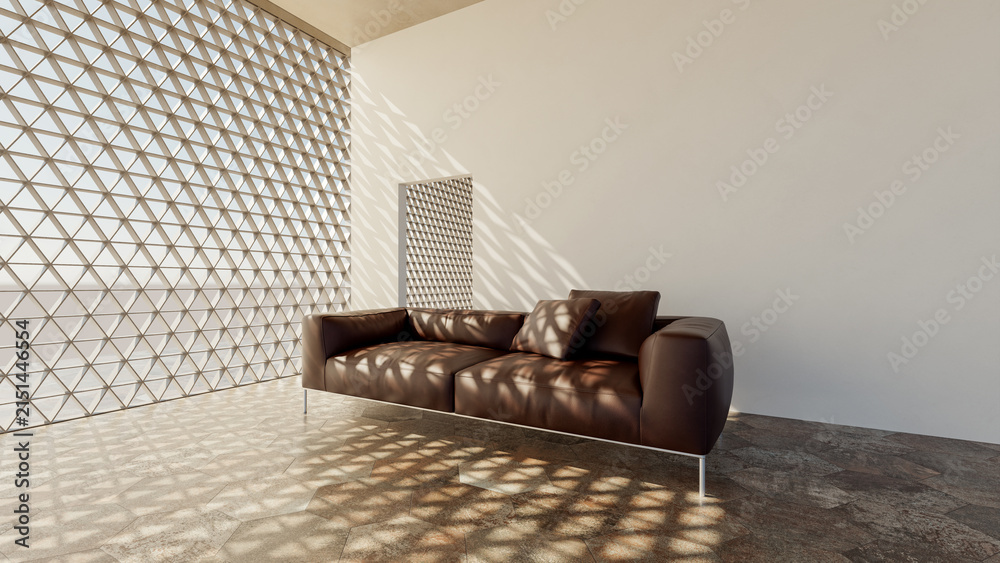 Fototapeta premium 3D render, illustration Fan Ventilation Large Luxury modern living room interior, brutalist architecture realistic lighting, Graphic Overlay wide angle, contemporary furniture, clean lines, minimal