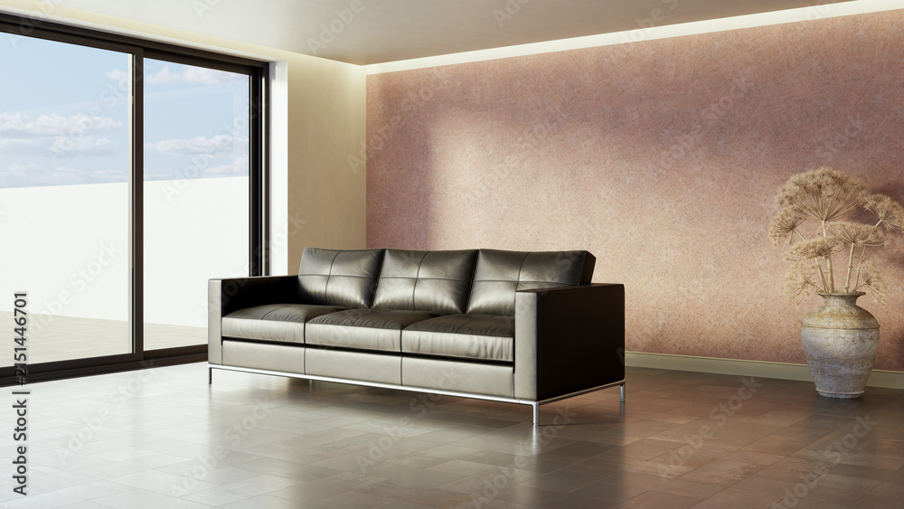 Fototapeta premium 3D render, illustration Fan Ventilation Large Luxury modern living room interior, brutalist architecture realistic lighting, Graphic Overlay wide angle, contemporary furniture, clean lines, minimal