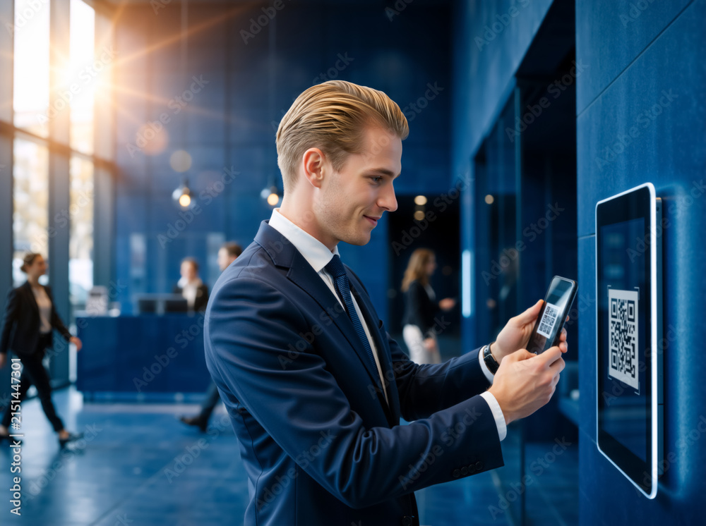 Fototapeta premium Businessman scanning a QR code with his smartphone in a modern office lobby. Professional Caucasian male using a mobile app for digital access on a wall mounted screen