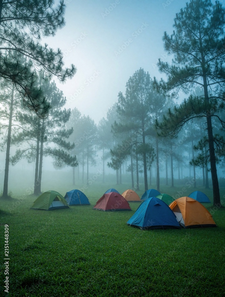 Obraz premium Colorful camping tents sit on green grass field surrounded by tall pine trees. Thick morning mist covers forest landscape. Peaceful outdoor adventure scene in nature during sunrise. Travelers enjoy