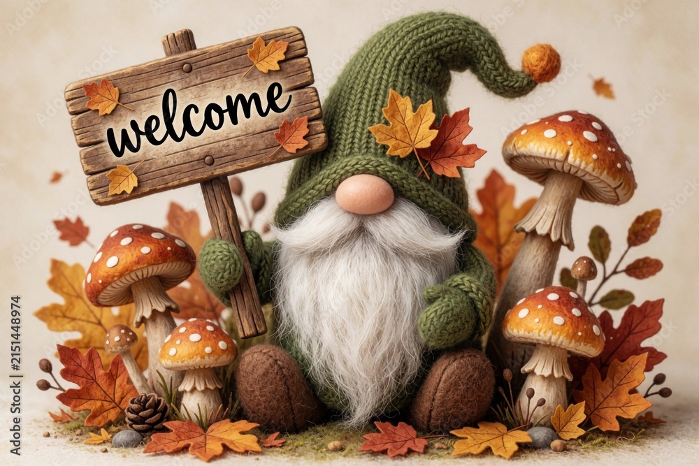 Fototapeta premium Cute garden gnome holds wooden welcome sign. Whimsical character sits among red mushrooms, autumn leaves. Magical forest scene with fall foliage, fairy tale atmosphere. Adorable fantasy creature
