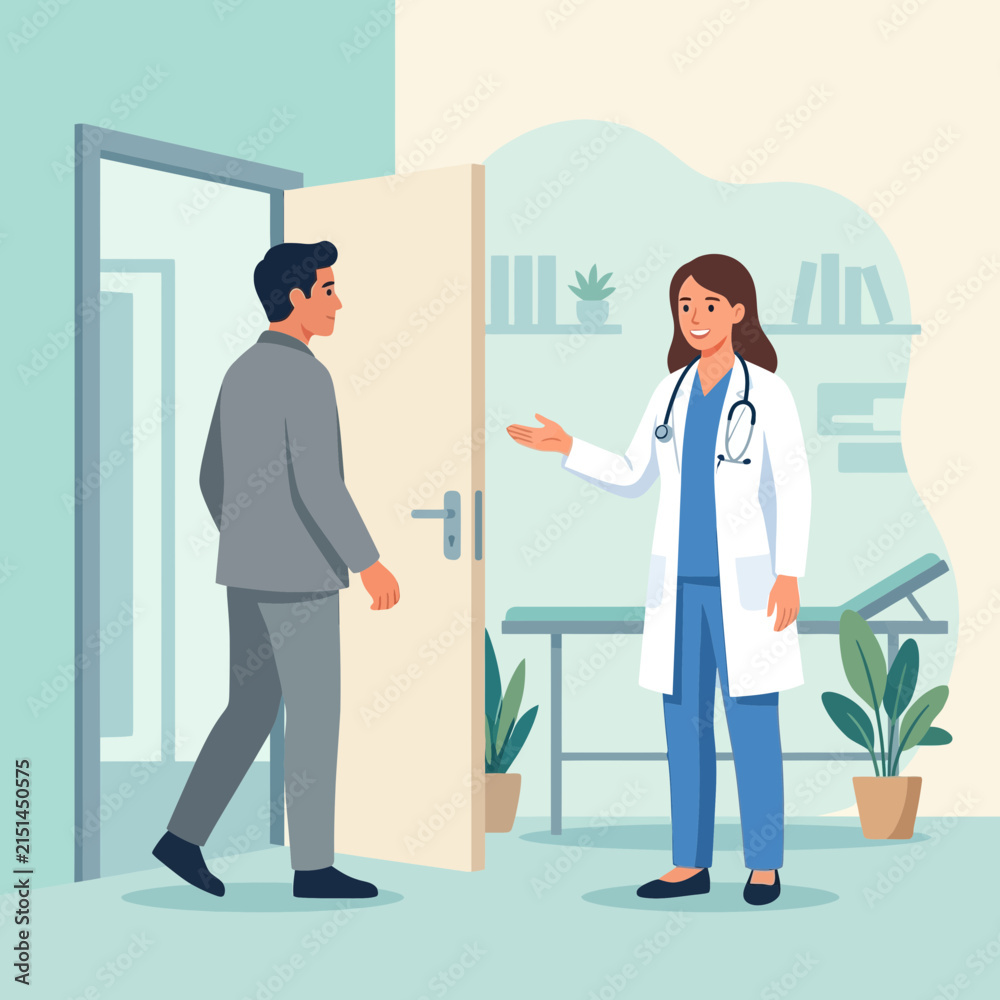 Fototapeta premium Doctor welcomes patient into examination room in a simple, modern flat illustration style