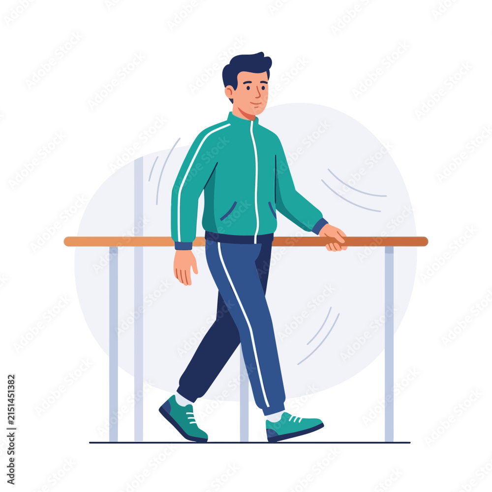 Fototapeta premium Man in Tracksuit Walking with Hand on Railing, Modern Flat Illustration