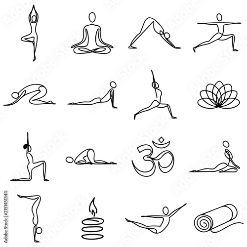 Yoga Pose Continuous Line Art Icon Set, One Line Wellness and Meditation Vector Icons