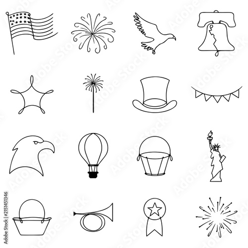 Independence Day Continuous Line Art Icon Set, One Line American Patriotic Vector Icons