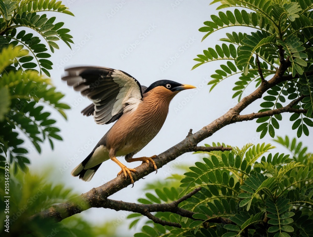 Obraz premium Brahminy starling bird spreads wings on tree branch. Wild avian animal prepares for flight among green leaves. Natural wildlife scene shows bird in outdoor garden setting during daylight. Beautiful