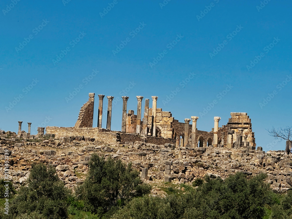 Fototapeta premium View of the ancient Roman ruins of Volubilis featuring stone columns, weathered walls, and green grass under a clear blue sky in El Menzeh, Fes-Meknes, Morocco.