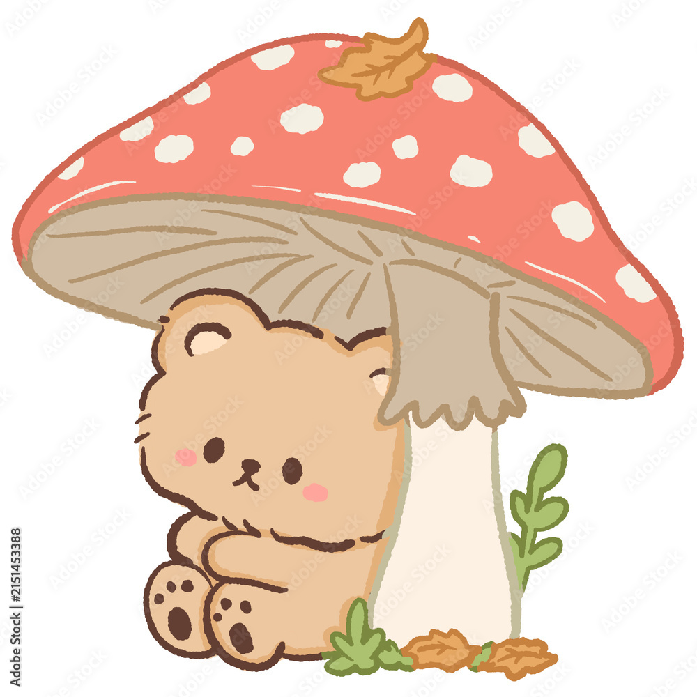 Fototapeta premium Cute Kawaii Bear Sitting Under a Giant Red Spotted Mushroom Cozy Autumn Woodland Cottagecore Illustration