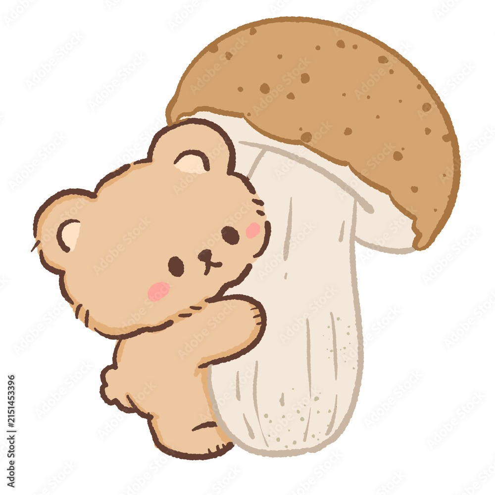 Fototapeta premium Cute Kawaii Bear Hugging a Giant Woodland Mushroom Cozy Cottagecore Forest Illustration