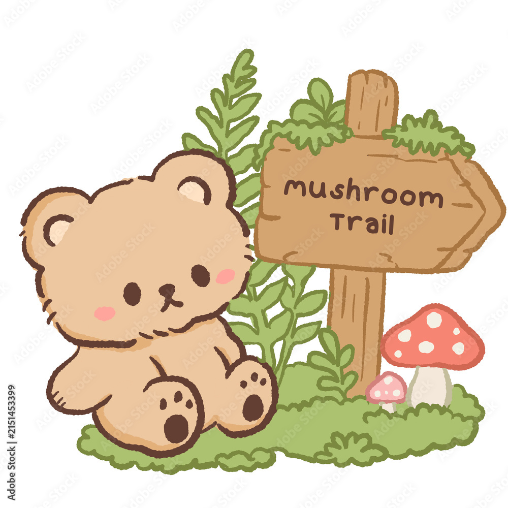 Fototapeta premium Cute Kawaii Bear Sitting Beside a Mushroom Trail Sign Cozy Woodland Cottagecore Foraging Illustration