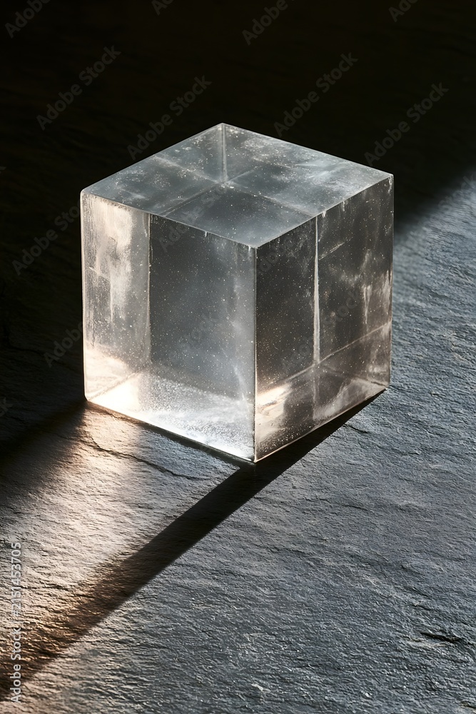 Fototapeta premium Translucent Resin Cube on Dark Slate Field