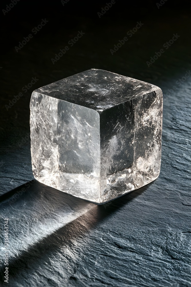 Fototapeta premium Translucent Resin Cube on Dark Slate Field