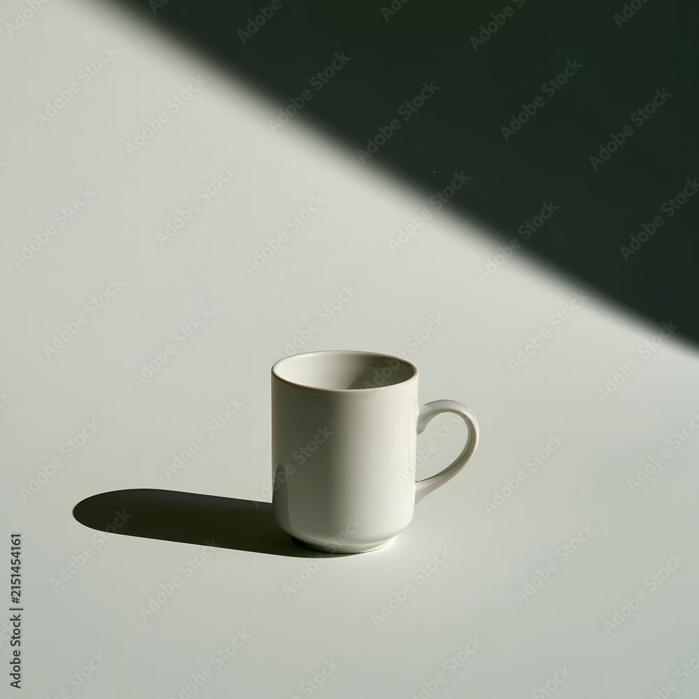 Fototapeta premium Minimalist White Porcelain Cup with Diagonal Shadow