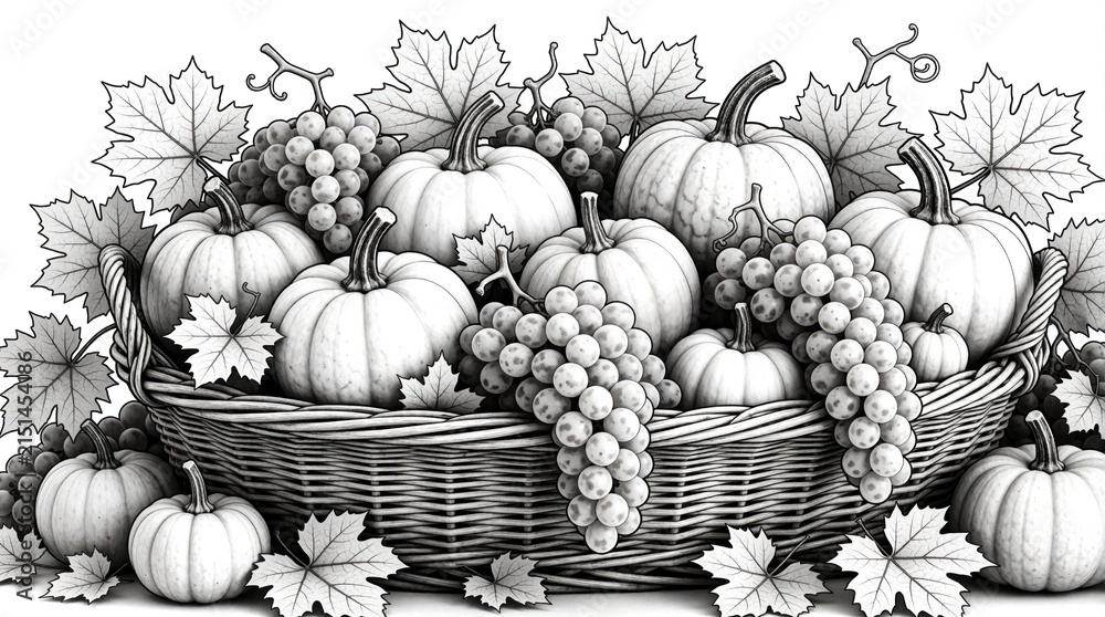 Obraz premium Basket overflows with pumpkins grapes leaves creating fall harvest scene. Outline drawing invites coloring for fun relaxation activity suitable for all ages.