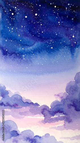 紫の水彩画タッチで描いた星空と雲のイラスト背景