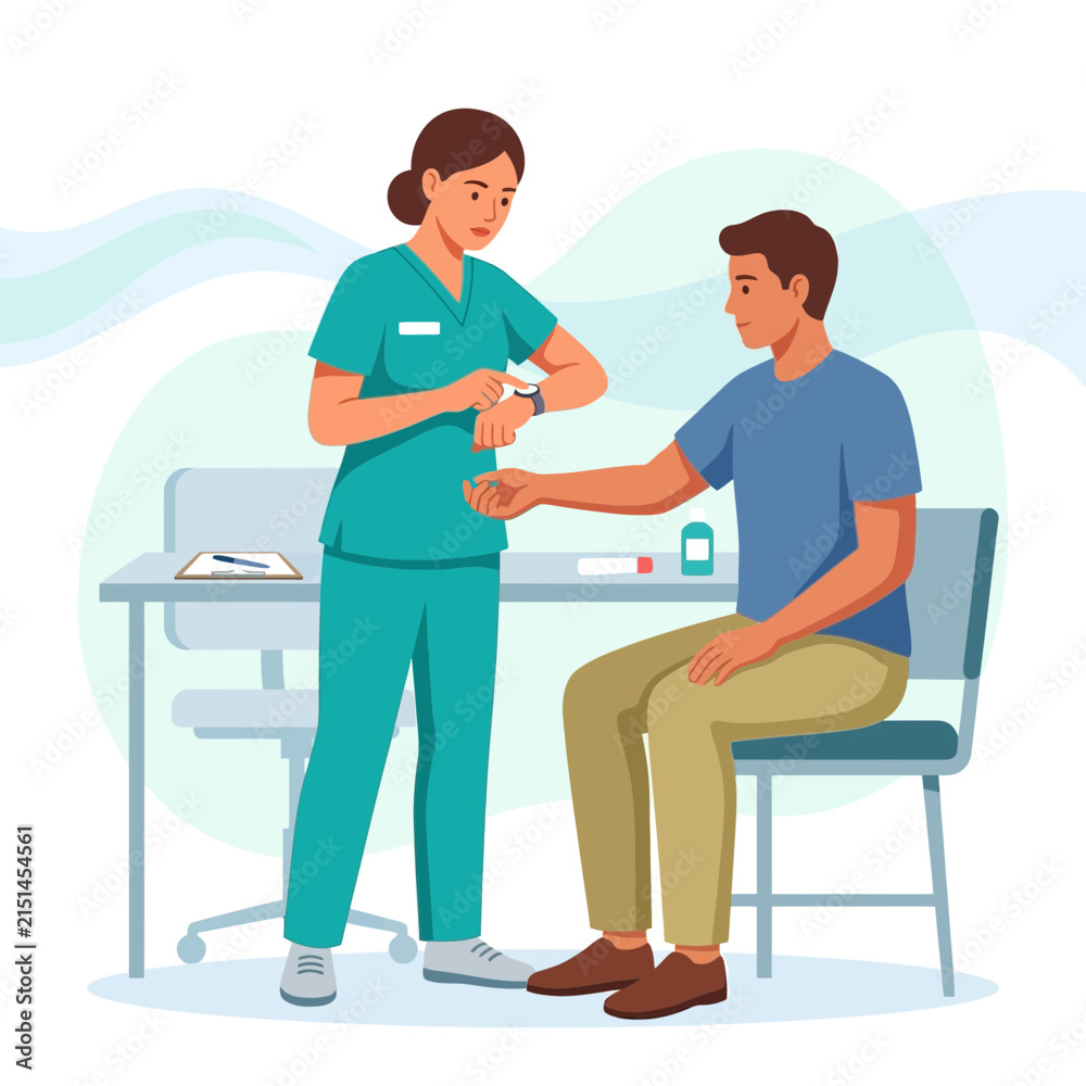 Obraz premium Nurse checking patient's pulse or blood sugar with smartwatch in a modern clinic, vector illustration.