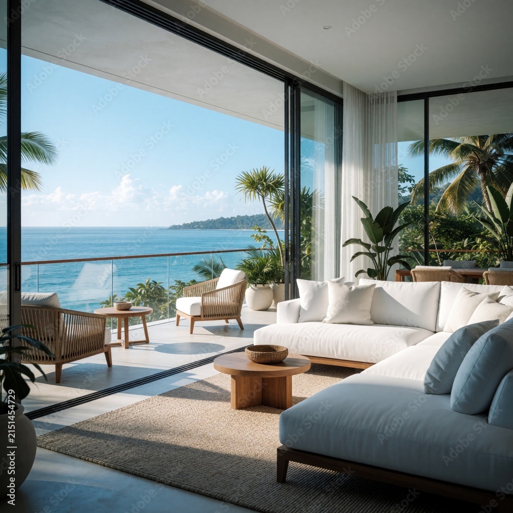 Obraz premium Bright modern living room opens to balcony with ocean view. White sectional sofa and chairs invite relaxation. Tropical plants surround seating area. Sunlight streams in.