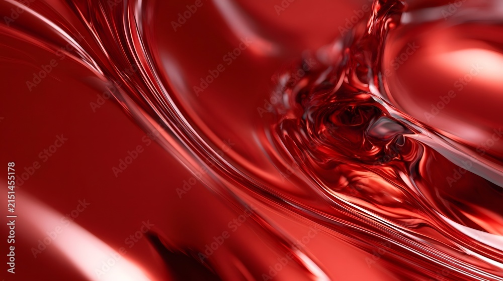Fototapeta premium Ruby red fluid simulation of liquid glass flowing, abstract macro background