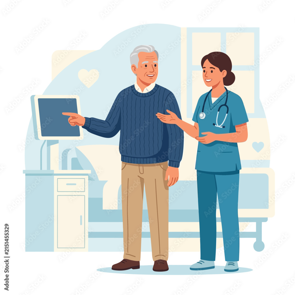 Fototapeta premium Nurse Explaining Medical Results to Elderly Patient in Hospital Room, Healthcare Consultation