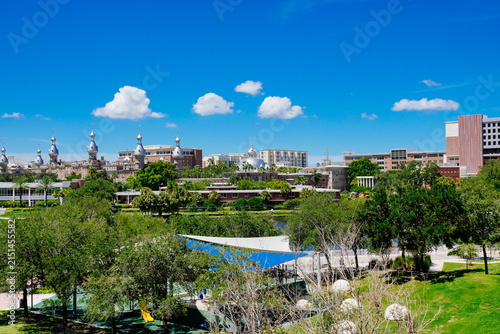 Tampa, Florida USA - Jan 03, 2024: Tampa Hillsborough riverwalk, downtown and University of Tampa landscape