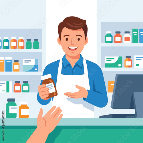 Pharmacist handing medication to customer in a modern pharmacy with shelves of medicine and a computer.