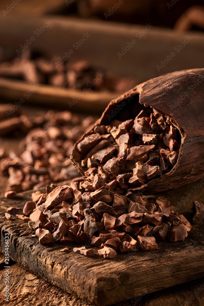 Fototapeta premium Cracked Cocoa Bean with Raw Nibs on Rustic Wood