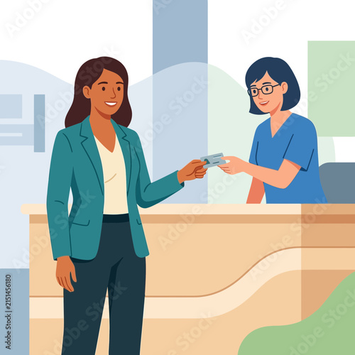 Woman hands credit card to receptionist at counter in flat design style illustration