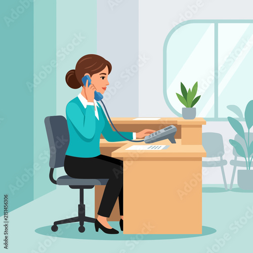 Receptionist at Desk Talking on Phone and Typing on Computer, Flat Design Vector Illustration