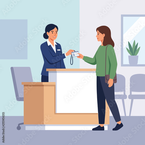 Receptionist handing ID card to visitor at front desk, flat design vector illustration