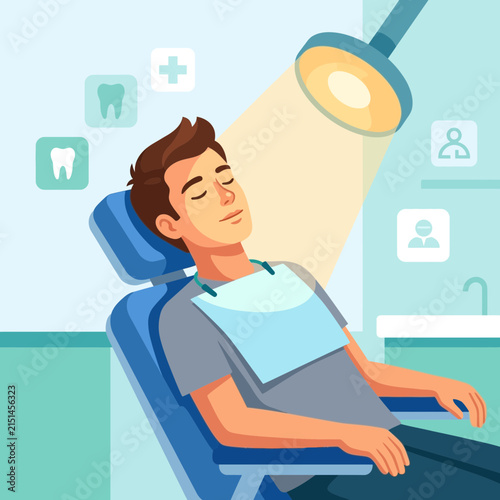 Relaxed Man in Dental Chair Under Examination Light, Icons of Tooth and Cross
