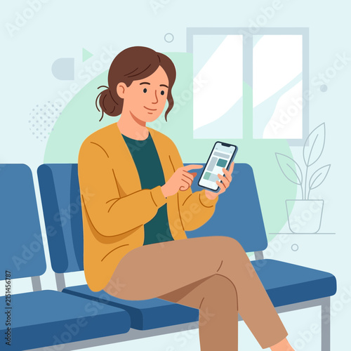 Woman Sitting in Waiting Room Using Smartphone, Flat Vector Illustration