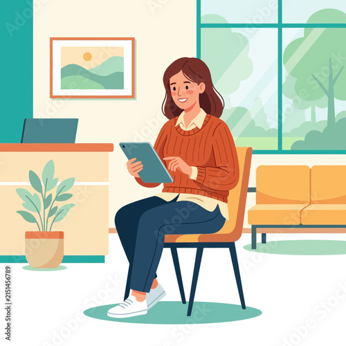 Woman Sitting Indoors Using Tablet in a Modern, Bright Room with Window View