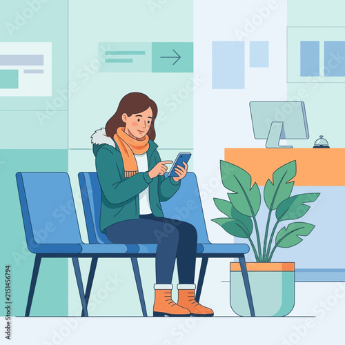 Woman Sitting in Waiting Room Using Smartphone, Modern Flat Illustration Style