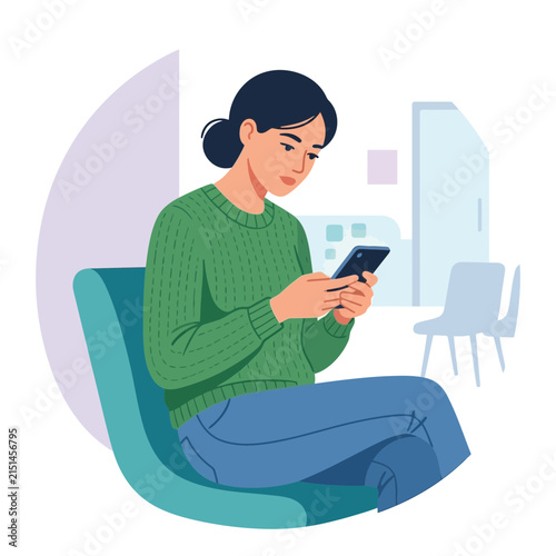 Woman sitting on a chair, using her smartphone, flat illustration style with soft colors