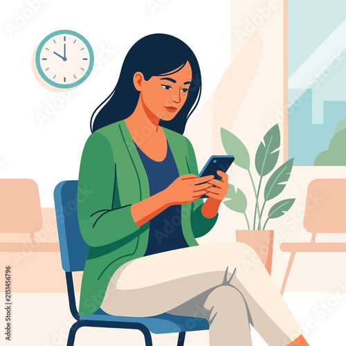 Woman Sitting in Waiting Room Using Smartphone, Flat Illustration Style
