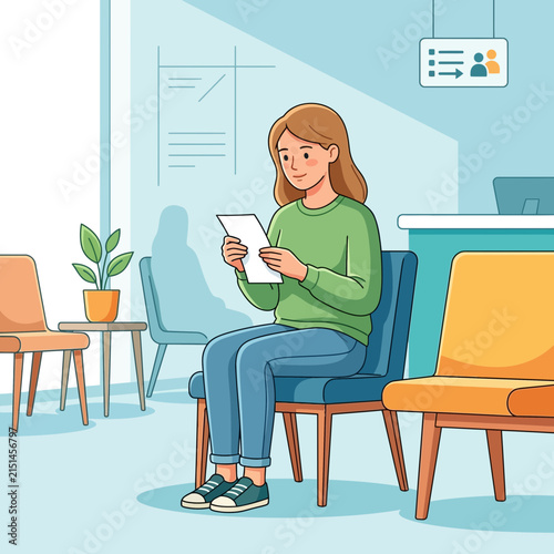 Woman Sitting in Waiting Room Reading Document, Flat Vector Illustration